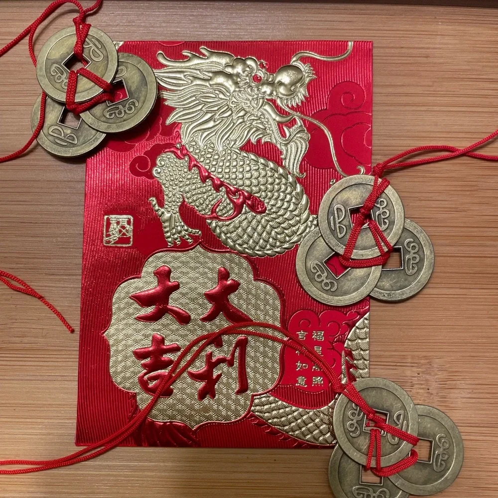 Chinese New Year Red Lucky Money Envelope 3 Feng Shui Coin Set - Picture 5 of 11